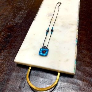 Artisan handmade blue square glass medallion cord leather necklace